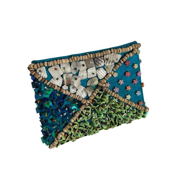 Hand beaded- mini wallet coin purse- seashellls beach- sequin- some wear- retro - Picture 8 of 8